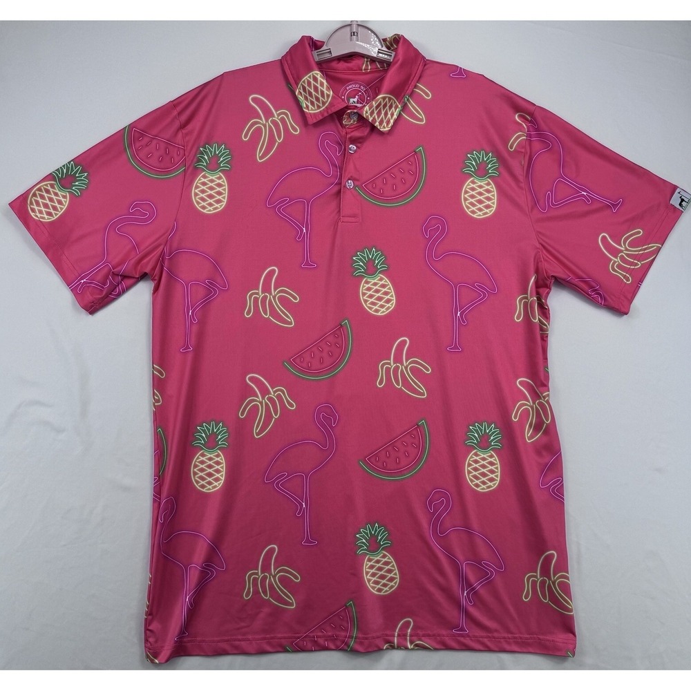 Proud 90 Polo Shirt Mens XL Pink Neon Flamingo Fruit Tropical Golf Is Fun Banana